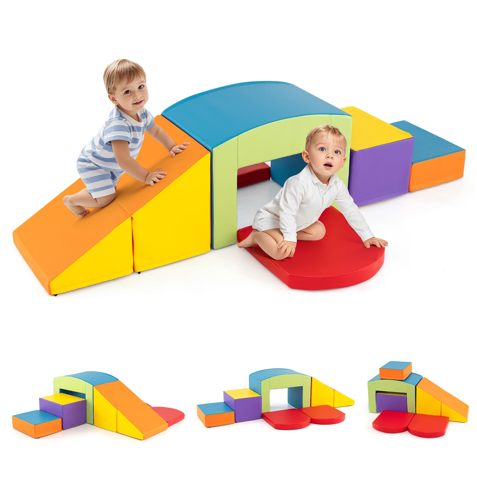 COSTWAY 6 PCS Parcours Motricité Bébé en Mousse avec Housse en PU, Module Motricité Bébé avec Diverses Couleurs & Formes, Fermeture Clair, Jouets Éducatifs pour Ramper Grimper, 12 Mois+ (Coloré)
