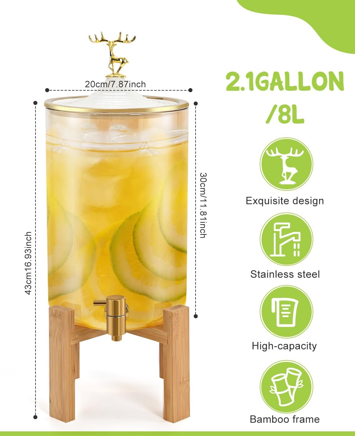 Glass Drink Dispenser with Stand, 2.11 Gallon Glass Beverage Dispenser with Spigot, Punch Dispenser for Parties, Party Drink Dispenser for Lemonade, Juice, Punch, Water, Outdoor, Daily Use