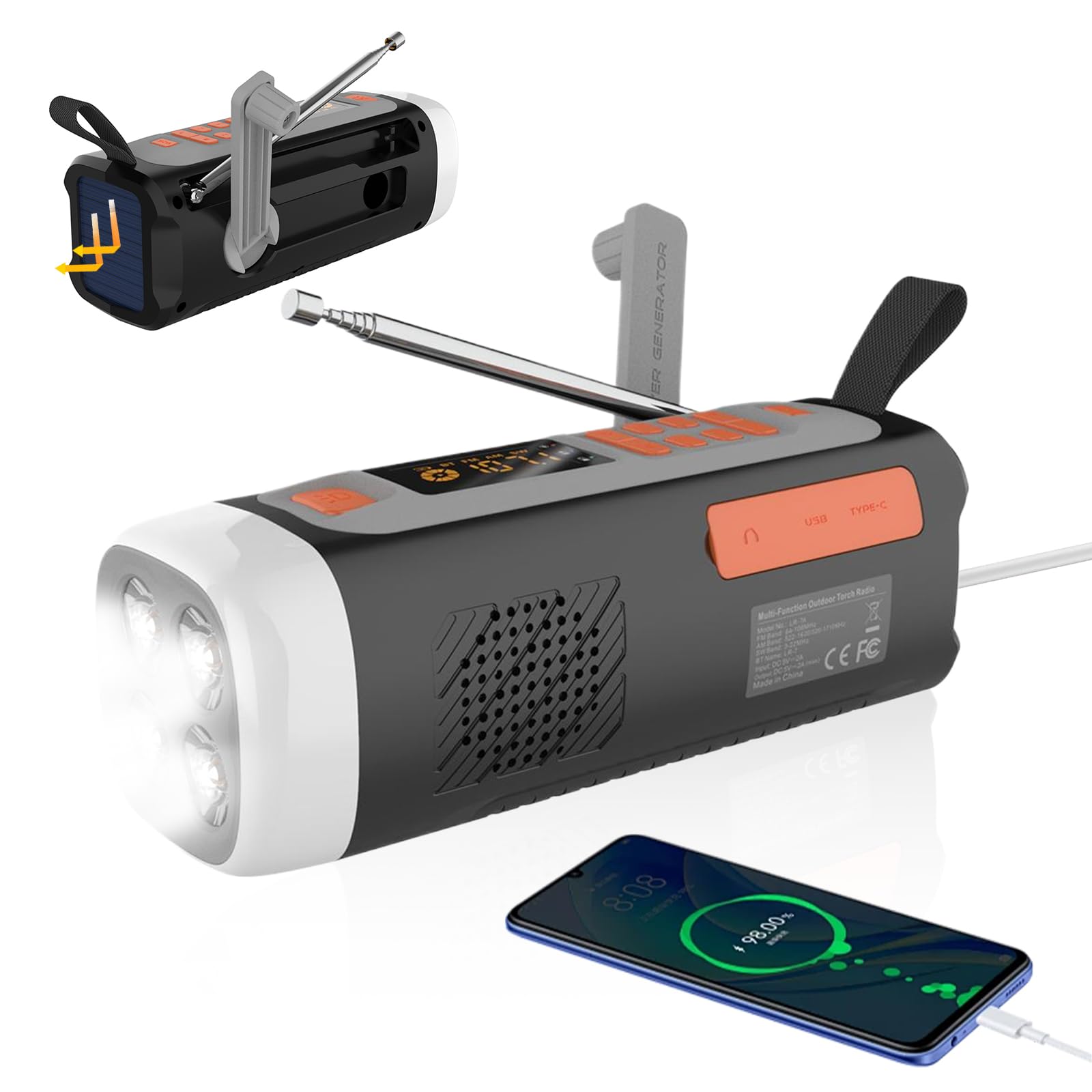 Radio de Emergencia 4500mAh Am/FM/SW con Altavoz BT, Carga USB-C/Solar/Manivela, Batería, Linterna, Alarma SOS y Conector para Auriculares