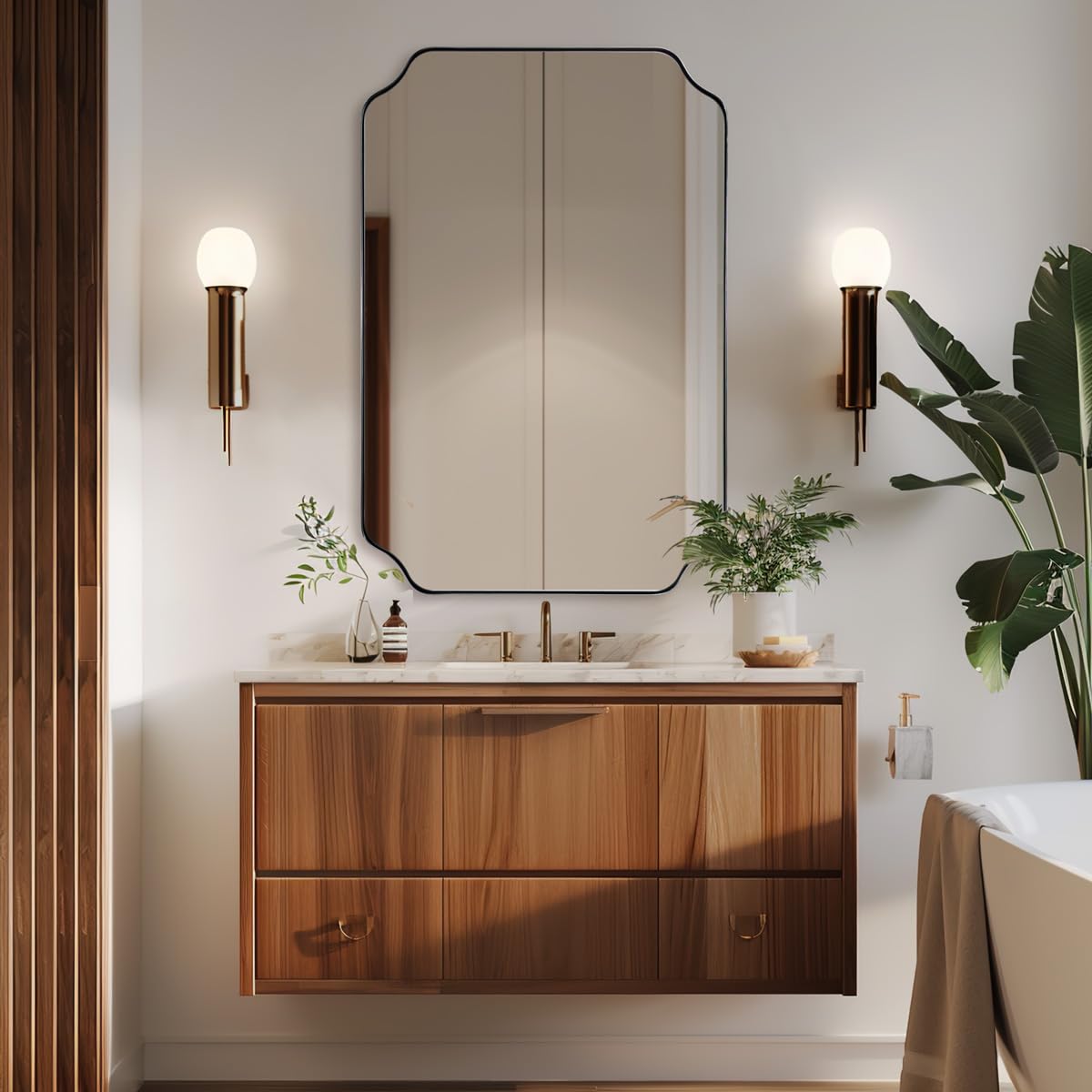 Photo 1 of ANDY STAR Brushed Bronze Scalloped Mirror, 26"x38" Bathroom Vanity Mirror, Antique Scalloped Mirror in Premium Stainless Steel Frame, Timeless Shape with Unique Flair, Hangs Vertically/Horizontally