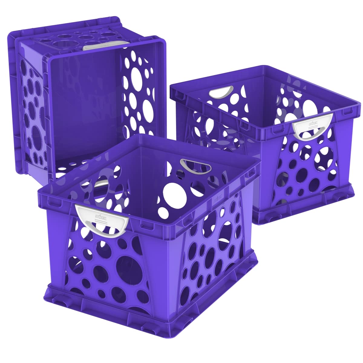 Storex Large Storage and Filing Crate with Comfort Handles, Purple/White (Case of 3)