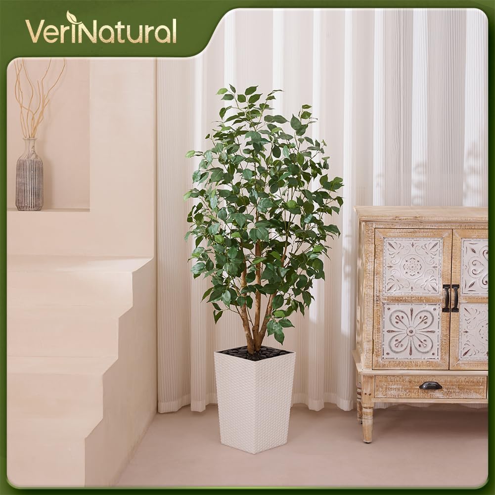 5ft Artificial Ficus Tree,Tall Faux Tree with Pebbles & Planter UV Resistant Potted Fake Plant with Silk Leaves & Real Wood Trunk,Indoor Outdoor Floor Plant for Home,Living Room,VN129