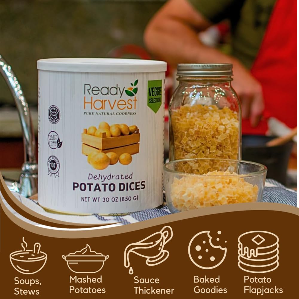 Ready Harvest Cibo disidratato - dadi di patate | Cibo di emergenza | Patate secche | Lattina #10 | Durata di conservazione di 30 anni | Lattine riempite fino in cima