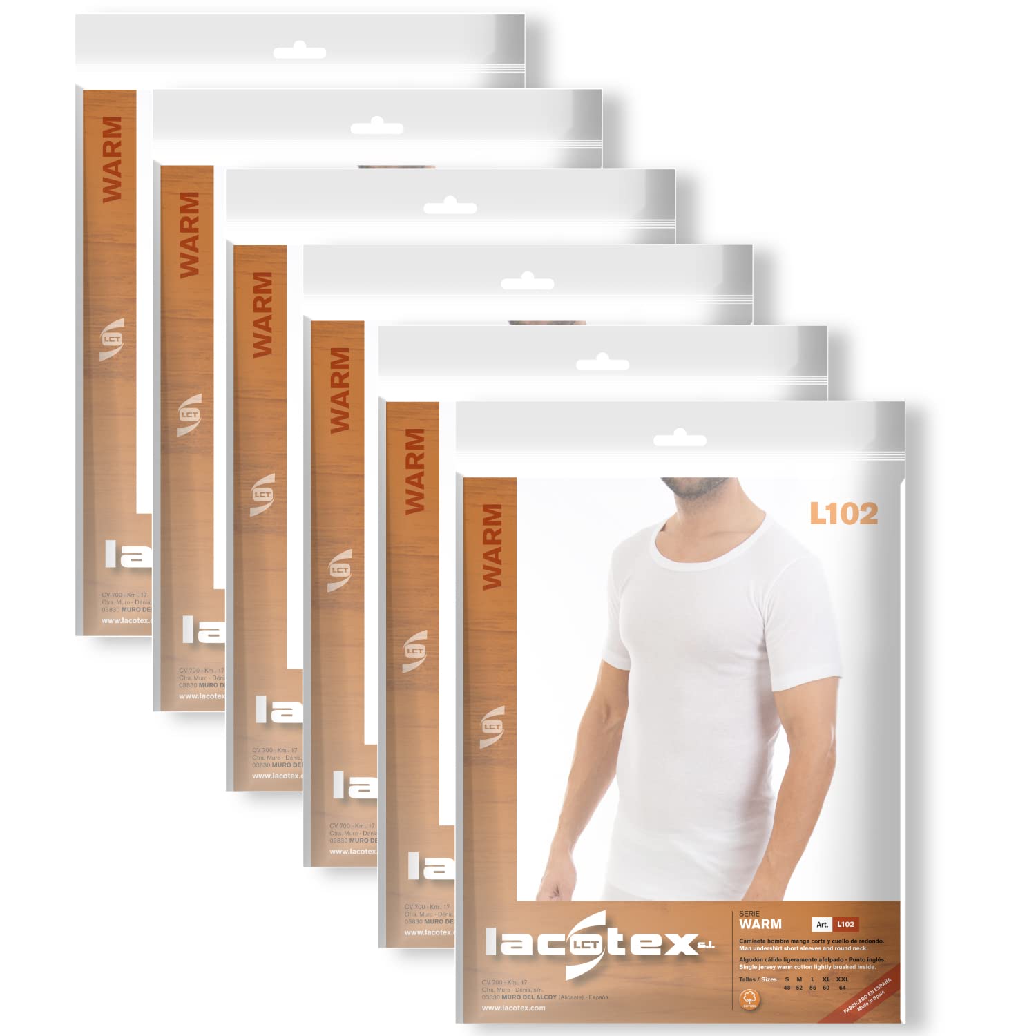 Lacotex Camiseta Interior Termal de Hombre | Camiseta Manga Corta y Cuello Redondo Térmica | Confort y Protección Térmica Interior | Pack Ahorro 6 Unidades | L102