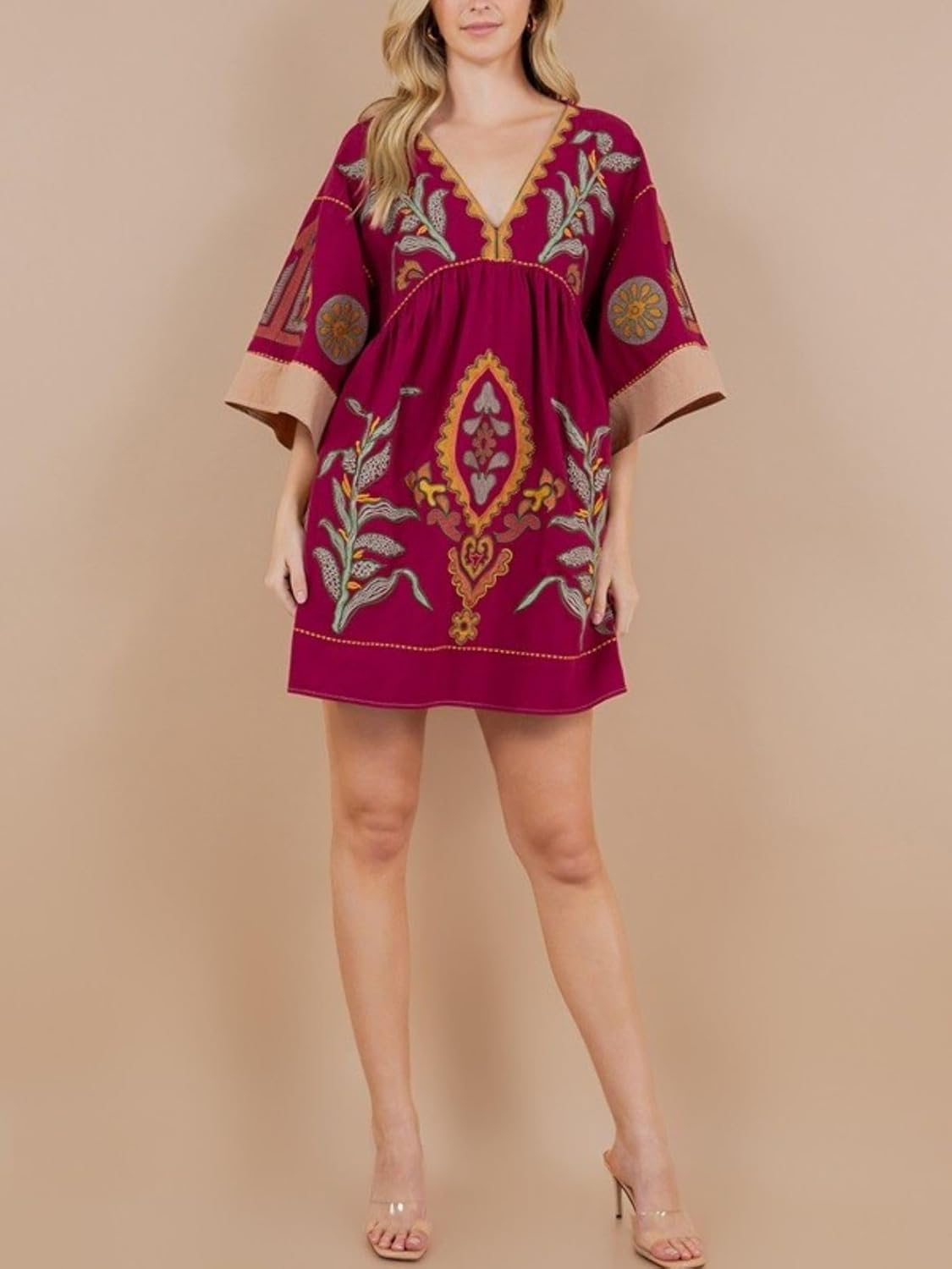 Womens Oversized Embroidered Dress with V-Neck and 3/4 Sleeves Vintage Embroidery Babydoll Dress - Image 4
