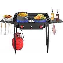 Llamaviva 2 Burner Gas Propane Stove, 150,000 BTU Outdoor Stove with Side Shelves, Gas Burners for Outdoor Cooking, Camping & BBQ Cookouts 2 Burner & Side Shelves & Windshield