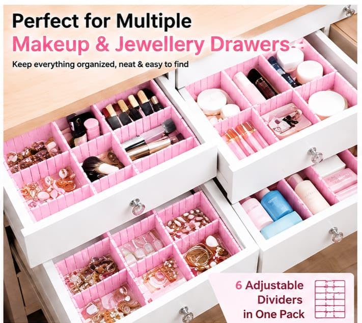 Image of 6 pcs Adjustable Drawer Divider (Length 30 C.M. Width 7 C.M) Drawer Organizer for Makeup, Jewellery & clothes - Interlocking Plastic Separators for Home & Office Use [ pink ]