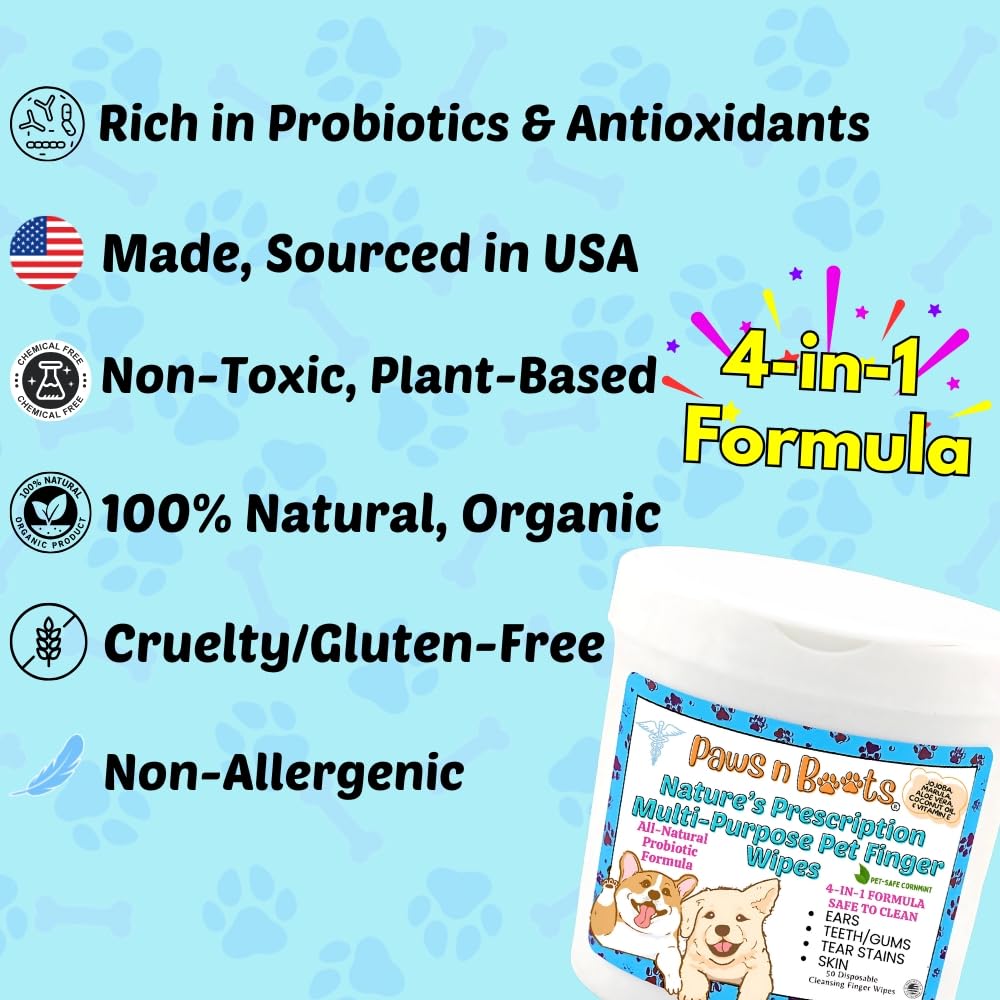 Pet Wipes - Multi-Purpose Finger Wipes to Cleanse Ears, Freshen Breath, Whiten Teeth, Soothe Skin and Tear Stain Removal. Pre-Formulated with 100% Natural, Plant-Based, Safe, & Beneficial Ingredients.