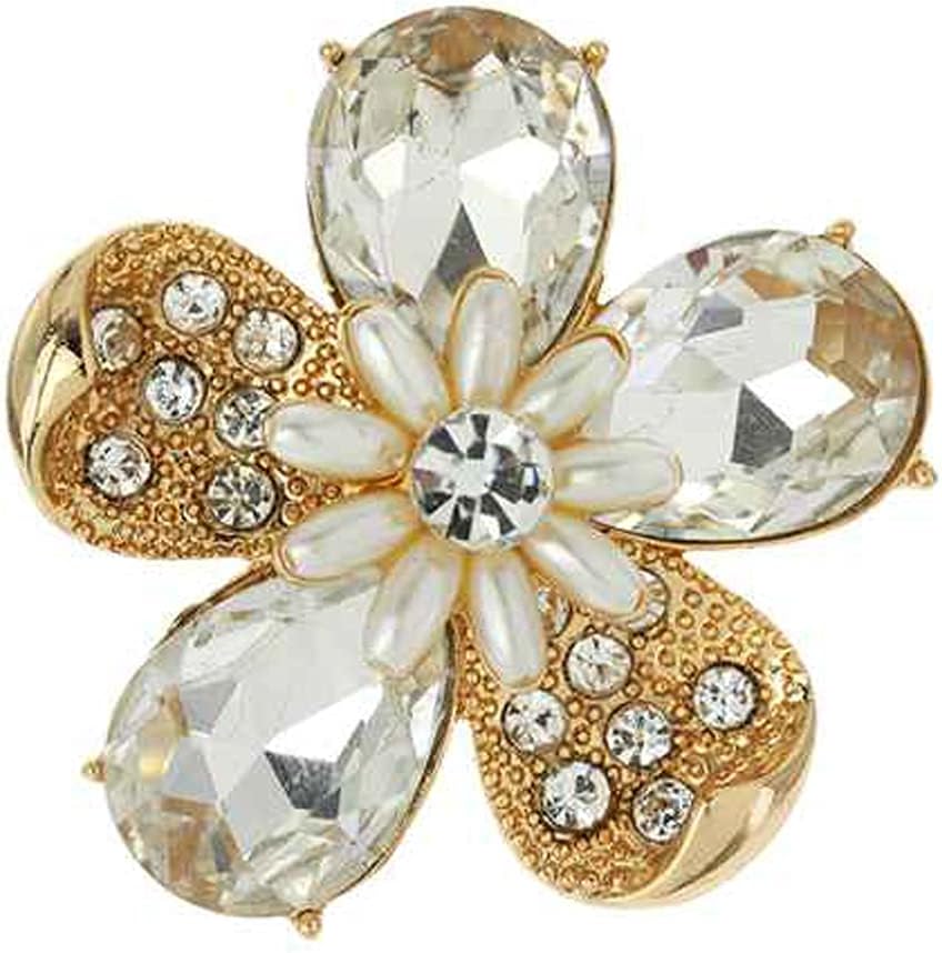 Rosemarie Collections Women's Stunning Crystal Teardrop And Pave Petals With Simulated Pearl Statement Flower Stretch Cocktail Ring