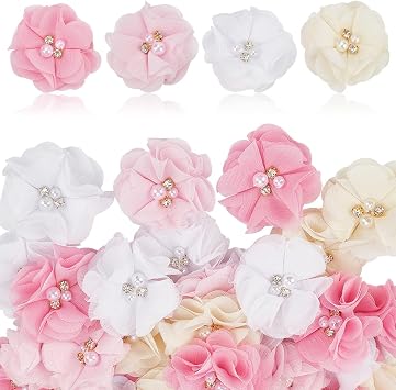 40Pcs Rhinestone Pearl Chiffon Flowers Pink Fabric Flower Sewing Fabric Appliques for Women Clothing Headbands Party Wedding Decor DIY Crafts 2.36 in