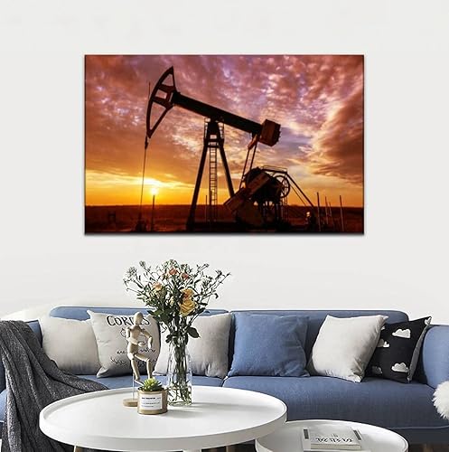 Miniatura 4 de Arte de pared grande enmarcado listo para colgar, paisaje de 20 x 40 pulgadas con bomba de pozo de petróleo y gas y dramática puesta de sol en