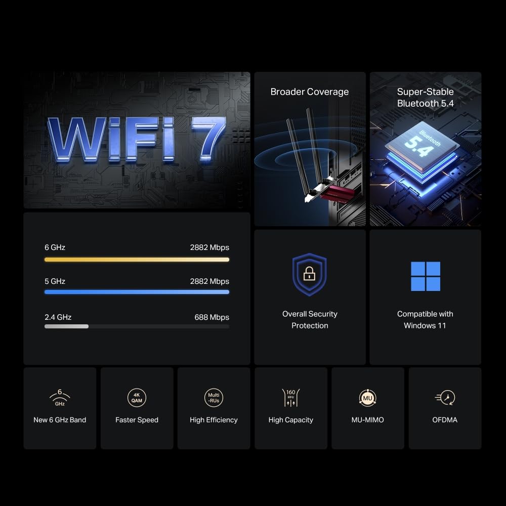 Mercusys MA37BE Wi-Fi 7 PCIe Adapter & Netzwerkkarte Tri-Band BE6500 WLAN, Bluetooth 5.4, WPA3-Verschlüsselungsstandard, MU-MIMO, unterstützt nur Windows 11