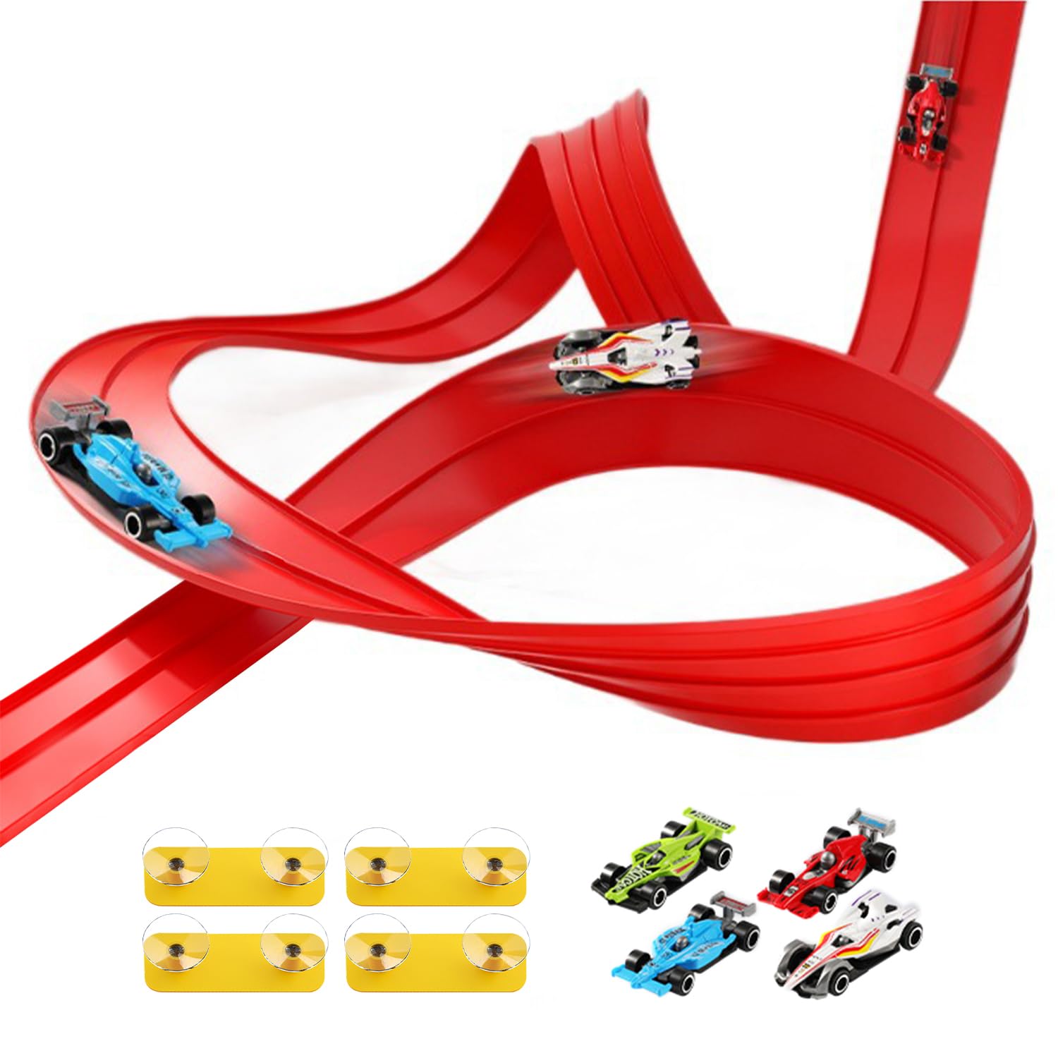 16.4 ft Flexible Car Race Track set, Classic Long Roll Up Race Track with 4 Cars, Rolls Up Portable Dual Car Race track