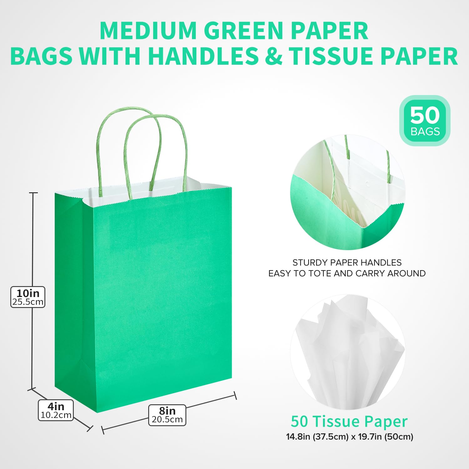 DjinnGlory 50 Pack Medium Size Green Paper Gift Bags with Handles Bulk