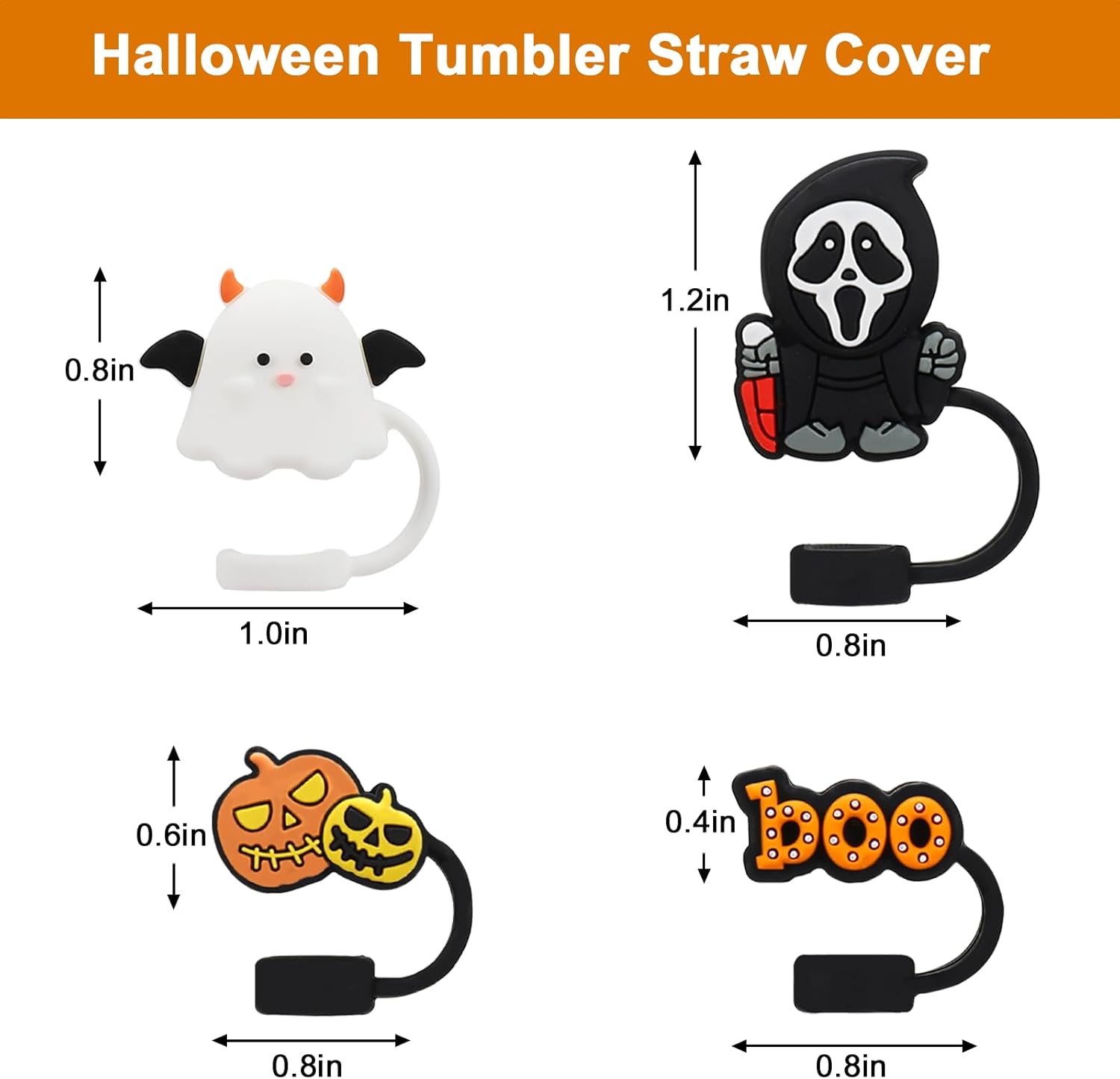 Christmas Halloween Straw Covers Cap Compatible with Stanley Cup 30 40 oz, 4PCS Silicone Reusable Drinking Straw Topper Including 4 styles, Funny Party Straw Cover for Stanley. (Halloween Boo Set) - Image 2