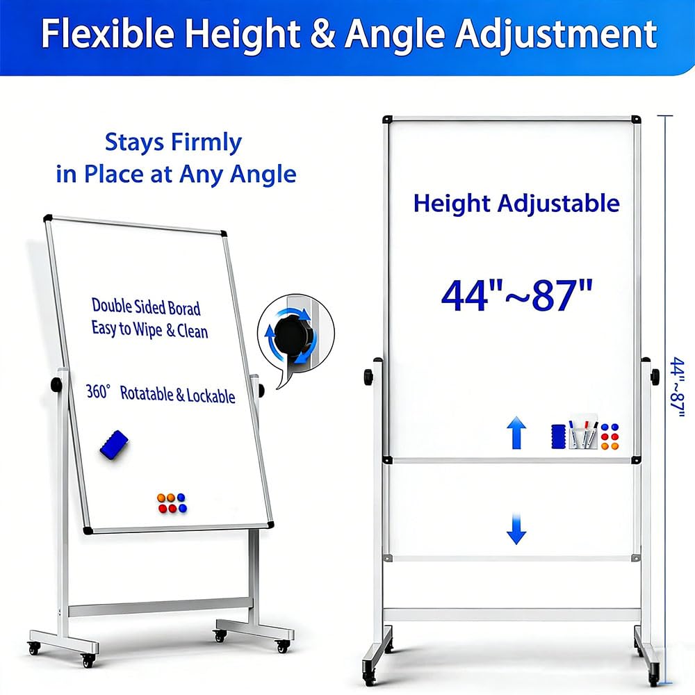 Pizarra Blanca Móvil de Doble Cara con Soporte Ajustable,Superficie Magnética Borrable,Incluye Rotuladores y Accesorios,para Oficina, Aula, Hogar