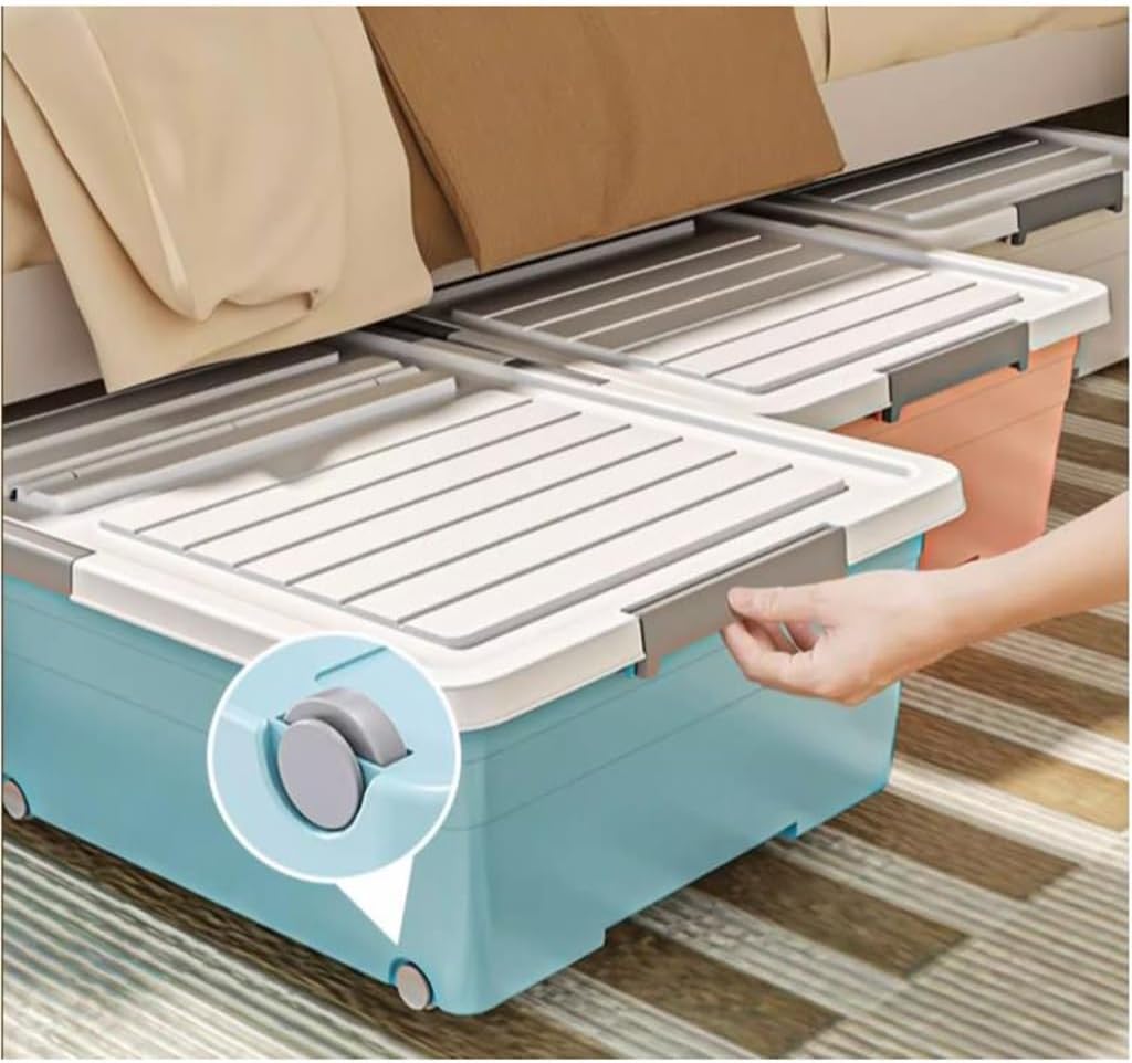 Under Bed Storage Box with Wheels - Stackable Plastic Organizer with Lid for Closet & Bedroom, Space-Saving Storage Solution (Color: Blue)