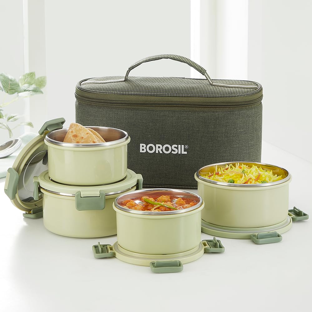 Borosil Glory Green Stainless Steel Lunchbox with Bag | 4 pcs Set (460 ml x 2 + 280 ml x 2) | Microwavable Tiffin with Food Grade Steel | Leakproof & Dishwasher Safe | 1 Year Warranty-picture-17