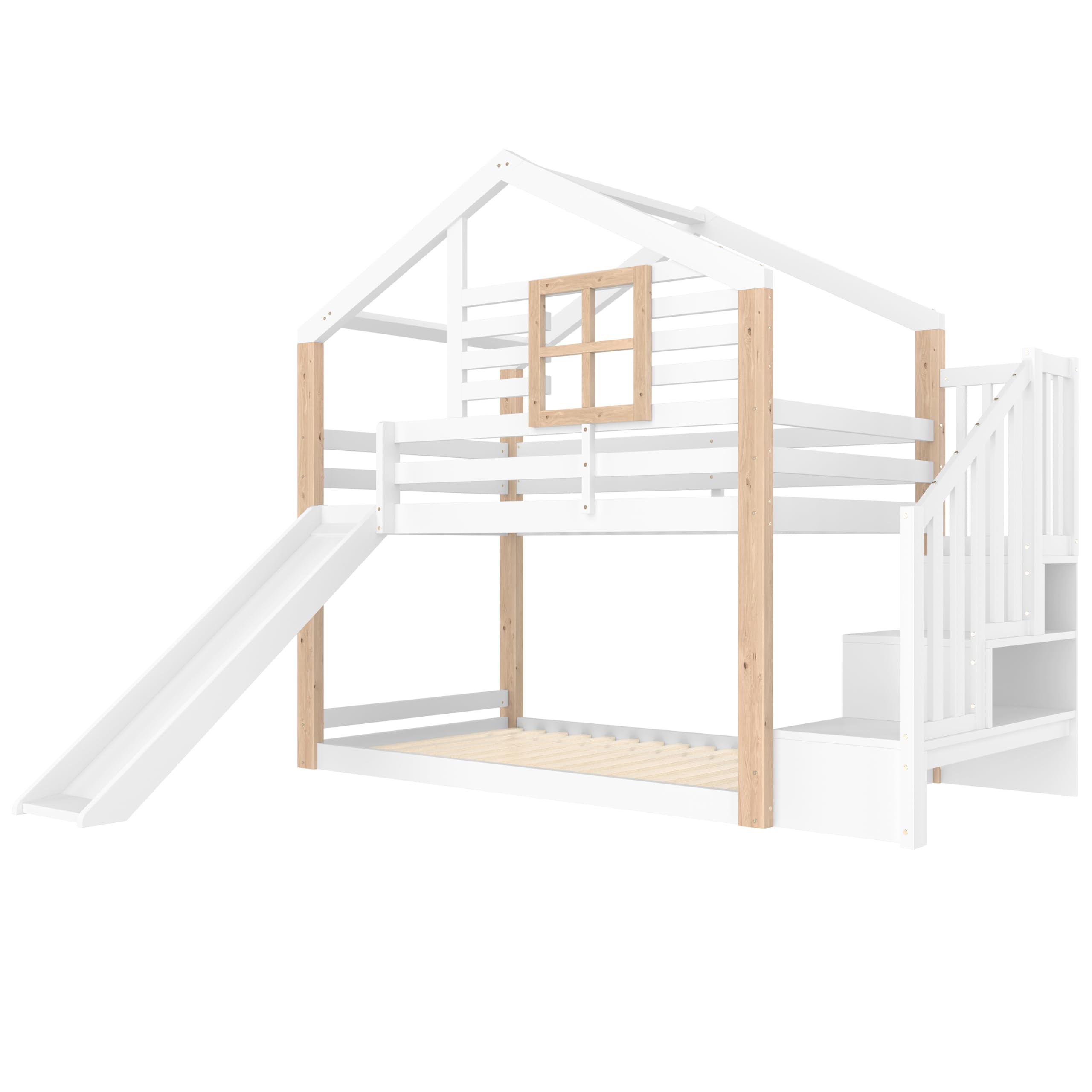 Zepneiy Lit Cabane Enfants 90x200 avec Toboggan et fenêtre, Lit Superposé 2 Places avec Rampe et Espace de Rangement, pour Les frères et sœurs, en Bois Massif Blanc (sans Matelas)