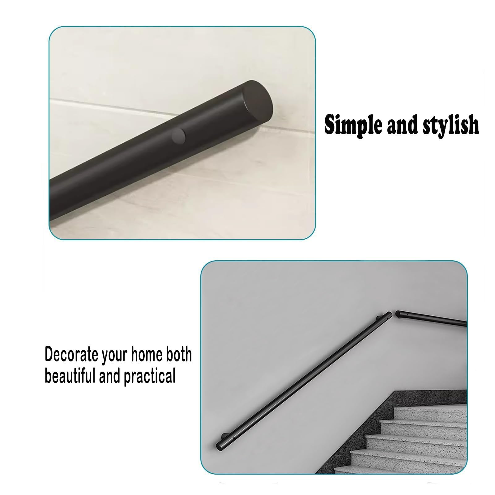 Barandillas de metal negro antideslizantes para escaleras de interior/exterior, barandilla segura para personas mayores y niños, 400 cm (13.1 pies) barra de seguridad montada en la pared