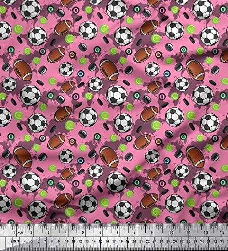 Soimoi Silk Pink Fabric - by The Yard - 42 Inch Wide - Cricket Ball, Rugby & Football Sports - Tri-Sport Extravaganza with Cricket Ball, Rugby, and Football Prints Printed Fabric