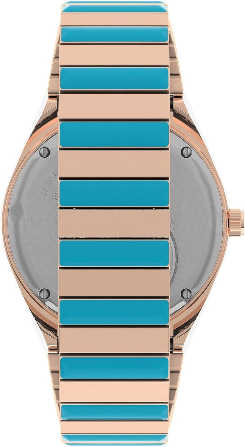 Top view of the Timex Q Malibu watch's stainless steel expansion band with blue and gold-tone segments.