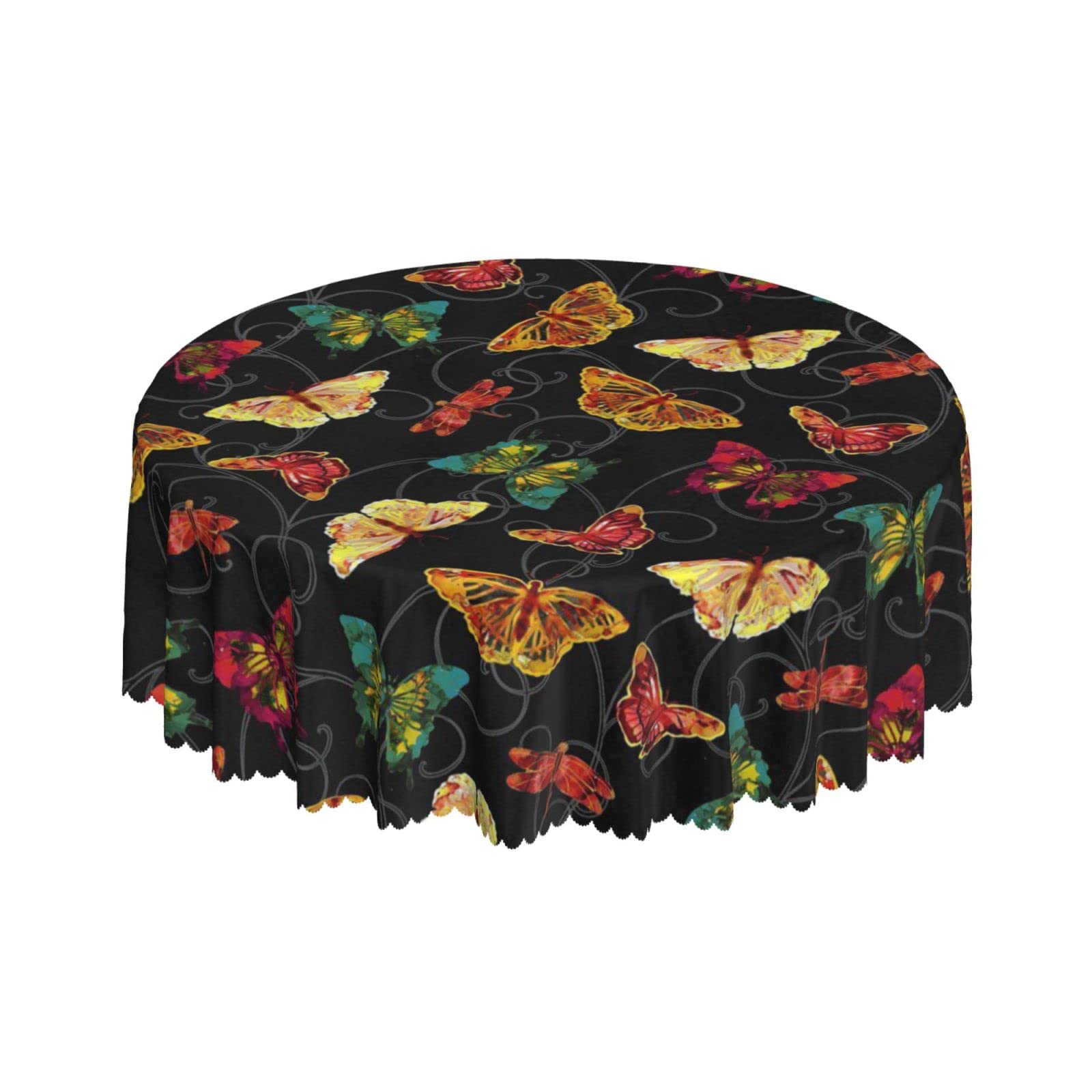 Lsjuee Colorful Butterfly Black Floral Round Tablecloth 60 Inch Printed Washable Tablecloth for Dining Party Holiday Fall Home Decorative