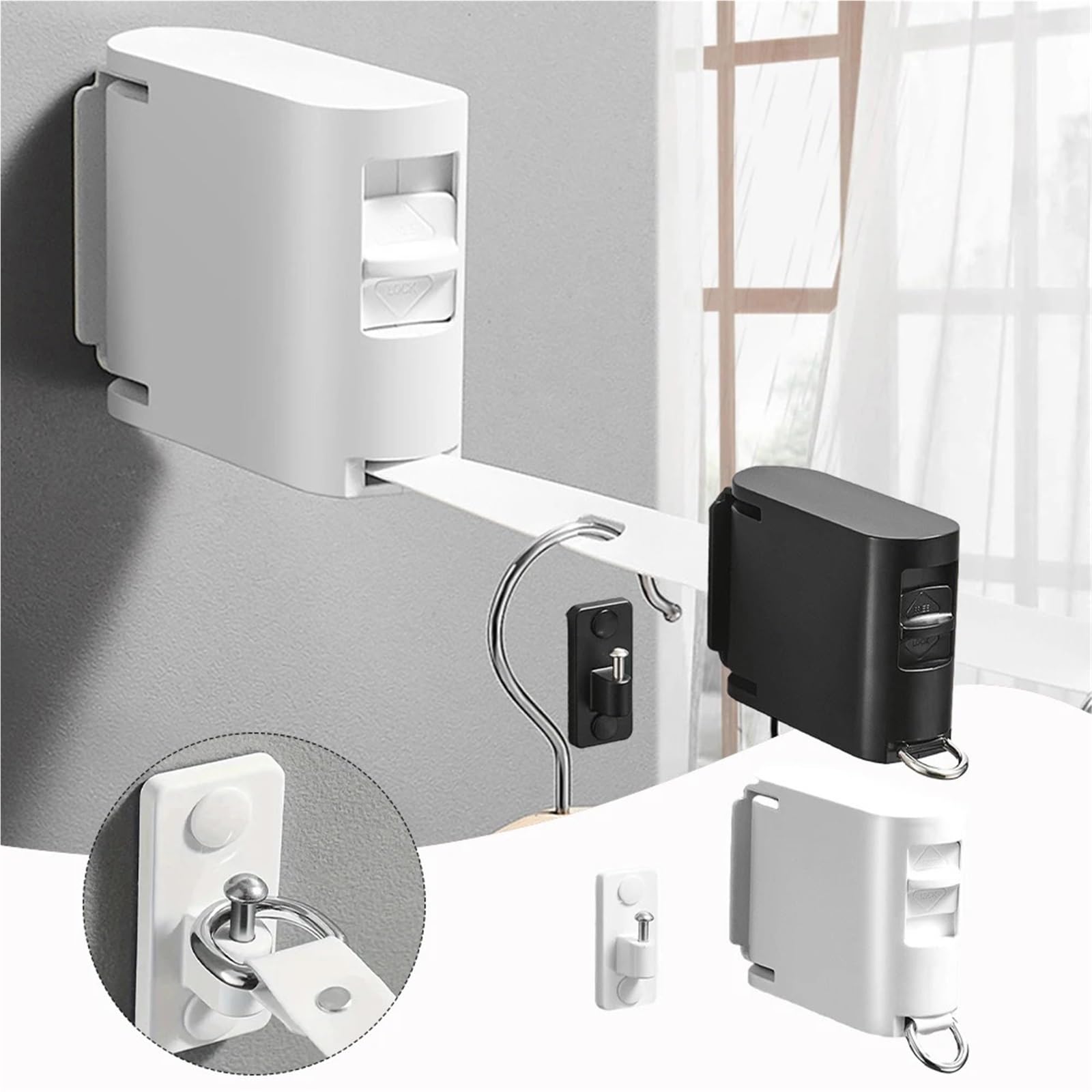 Unsichtbare Wäscheleine for den Innenbereich mit Aufhängerloch, ausziehbarem Seil-Wäscheständer, Balkon-Wäscheleine ohne Bohren FüR Balkon,Hotel,WäSchekammer(Black)