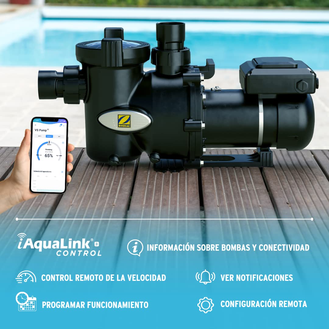 Zodiac E30 iQ 100 bomba de velocidad variable, recomendada para piscinas de hasta 80 m3, alta eficiencia energética en la filtración. Ahorra energía, silenciosa (-12dB) y control mediante una App