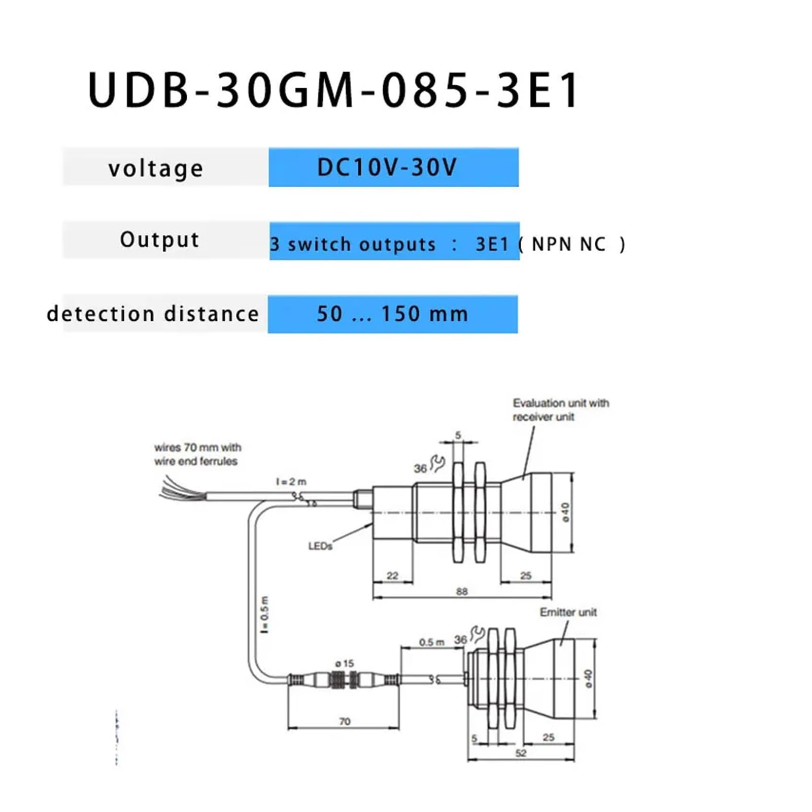 1 unidad de sensor ultrasónico M30 de detección de una y dos capas con interruptor de desplazamiento, salida NPN/PNP de 80 mm.(NPN NC)