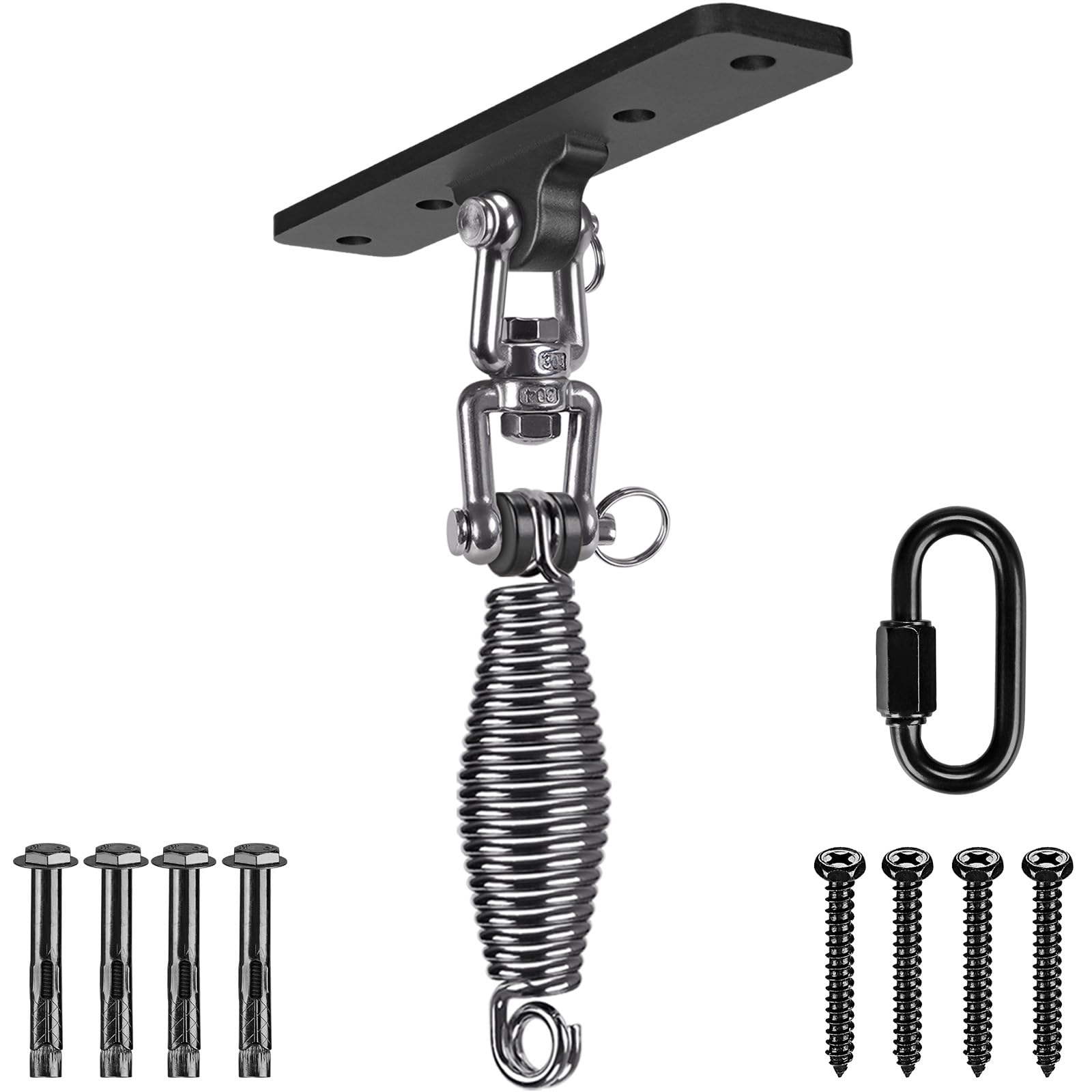 Dolibest 360 Swivel With 6Mm Spring Punching Bag Hanger, Boxing Ceiling Hook Punch Holder 4 Hole Swing Bracket 360 Swivel With Carabiner&6Mm Spring For Hanging Heavy Bag Hammock Chair Wood/Concrete Wall Beam Mount, Up To 350Lbs
