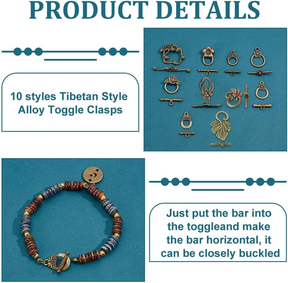 PH PandaHall 60 Sets Flower Toggle Clasp, 10 Styles Toggle Jewelry Clasps T-bar Closure Clasps Metal Bar and Ring Clasps Connectors End Clasps for Necklace Bracelet Jewelry Making, Antique Bronze - Image 4