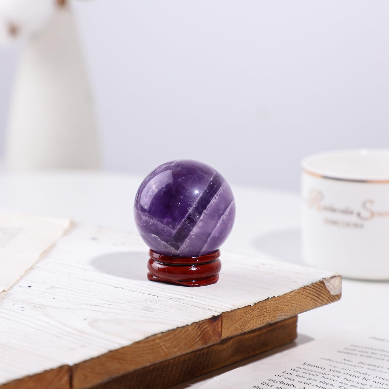 Nupuyai Natural Amethyst Crystal Ball with Wooden Stand, Scrying Meditation Feng Shui Crystal Stone Sphere Sculpture Home Office Decor, 35-40mm - Image 2