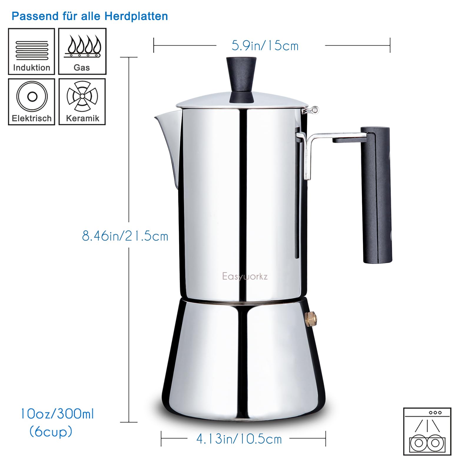 Easyworkz | Pedro Espressokocher aus Edelstahl | Espressotopf für Induktions-Gas und alle Herde | Mokkakanne für 6 Tassen 300ml | Silber