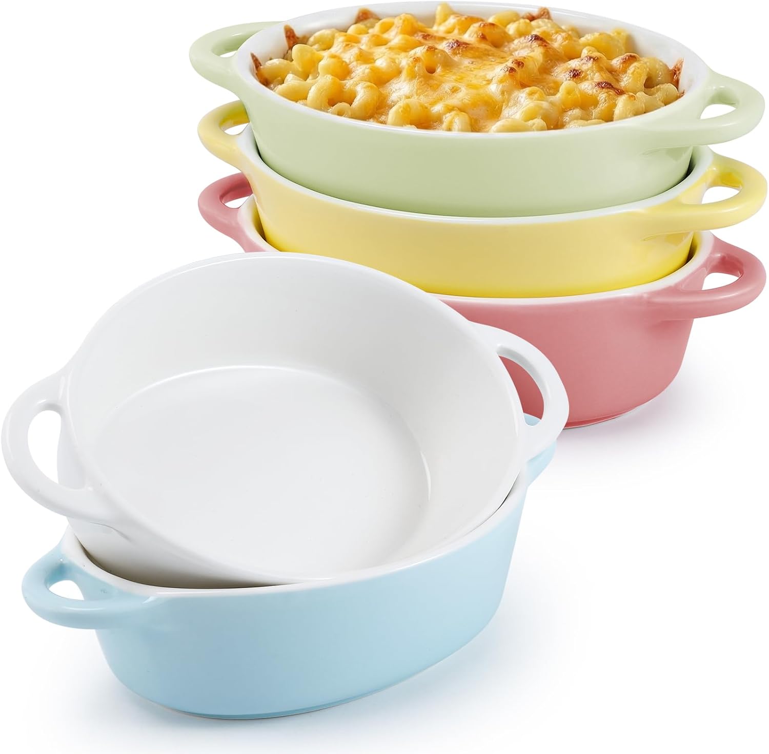 5 Pack Oval Porcelain Ramekins, 10 oz Oven Safe Mini Casserole Baking Dishes, Individual Porcelain Souffle Bowls with Handles, Small Gratin and Dessert Ramekins, 5 Colors