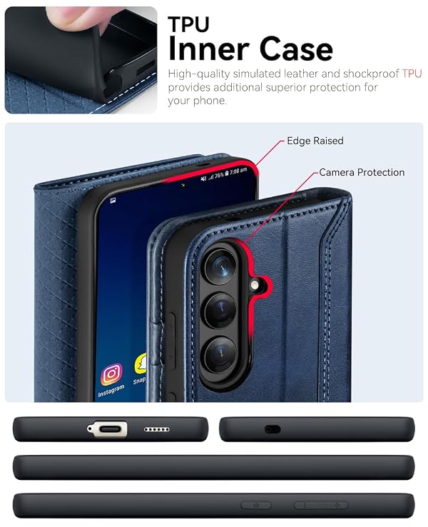OCASE for Samsung Galaxy S25 Case, Premium PU Leather Samsung S25 Phone case TPU Inner Shell RFID Blocking Card Holder Flip Wallet Cover Compatible with Samsung S25 6.2 Inch-Retro Blue by OCASE - Image 4