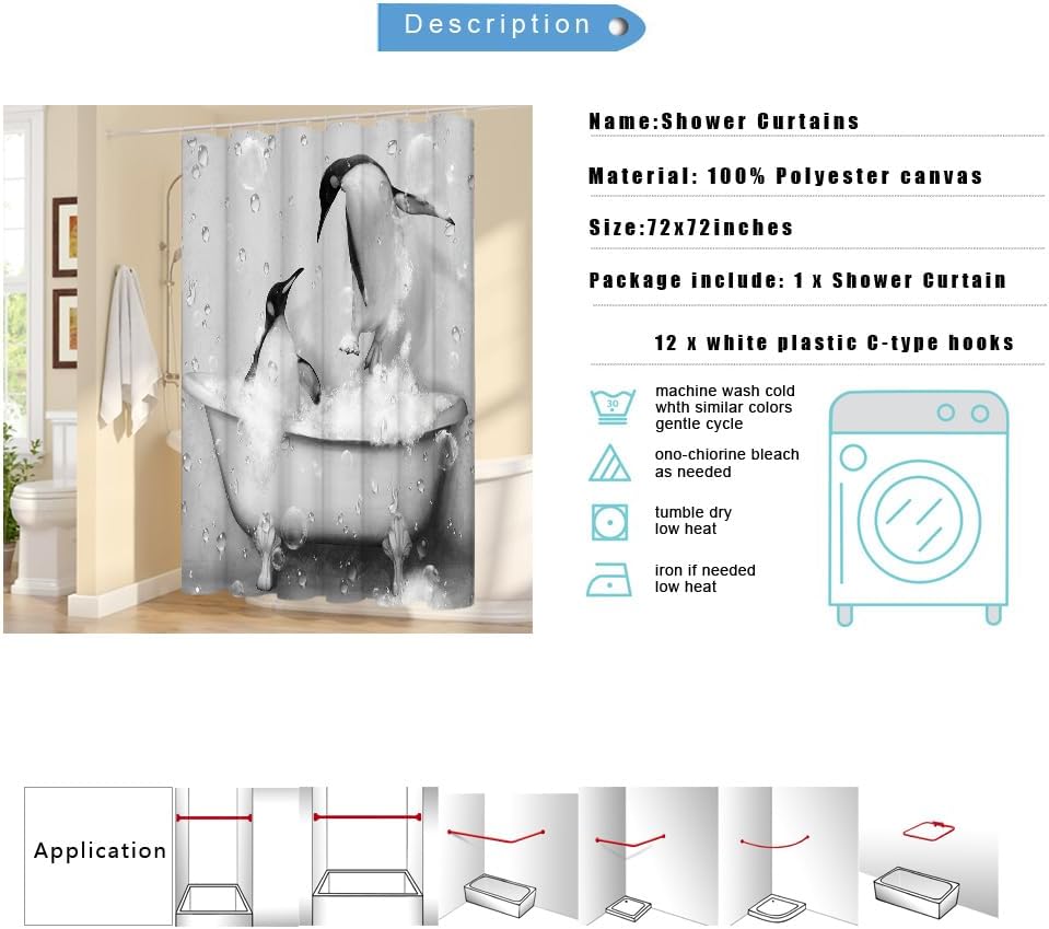 KREATIVE ARTS Funny Penguin Shower Curtain Cute Animal Takes Bath in Grey Bathtub with Bubbles Bathroom Curtain Fabric Shower Curtain Bathroom Accessories 12 Hooks 72x72