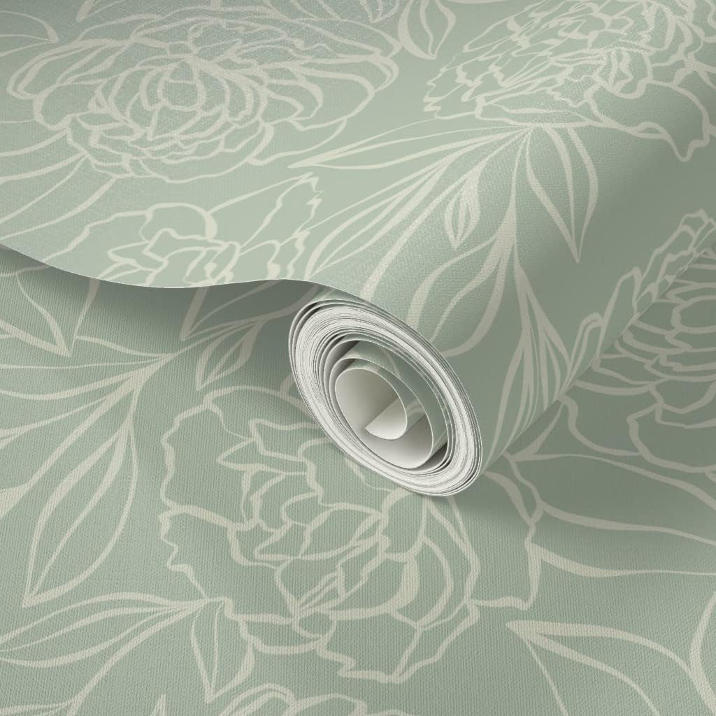 Peel & Stick Wallpaper 3ft x 2ft - Peony Garden Sage Green Flowers Floral Large Drawing Custom Removable Wallpaper by Spoonflower
