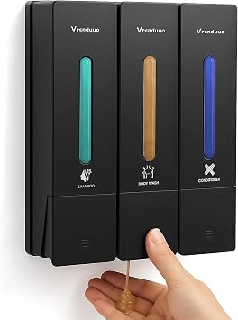 Shampoo and Conditioner Dispenser,Shower Dispenser 3 Chamber No Drill,Shower Soap Dispenser Wall Mounted for Bathroom Hotel with Upgrade Pump HeadBlack 3 Chamber