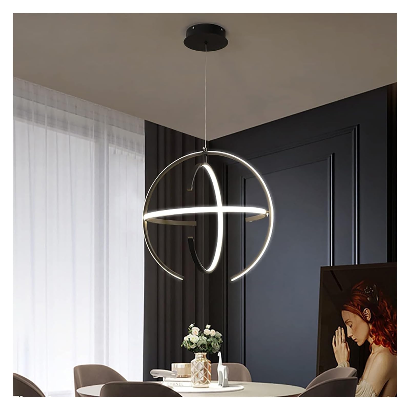 RENYUEH Chandeliers Contemporary Acrylic Hanging Light LED Chandelier 3 Rings,Globe Dimmable Pendant Light Fixtures-Gold 35x35cm