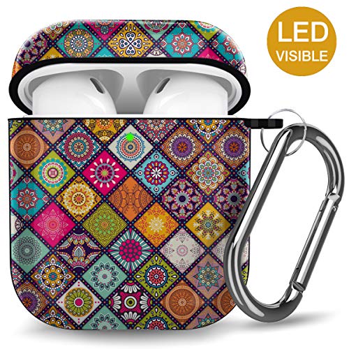 HUMENN Compatible para Funda Airpods 1 & 2, Estampado Floral Fundas Protectora de TPU, Funciona con Carga inalámbrica, con Mosquetón, Colorido Floral