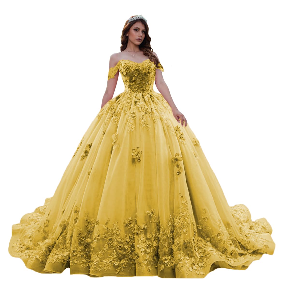 PFTFB Sweetheart Tulle Quinceanera Dresses for Women Off the Shoulder Ball Gown with Train Lace Beaed Sweet 15 16 Dress