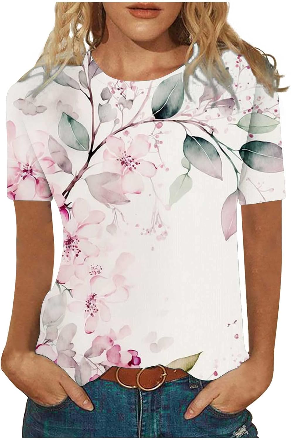 Womens T Shirts Short Sleeves Smart Casual Tunic Tops Loose Crew Neck T-Shirts Floral Print Elegant Pullover Shirt Ladies Top Office Work Dresssy Blouse Going Out Tees 8-18 UK