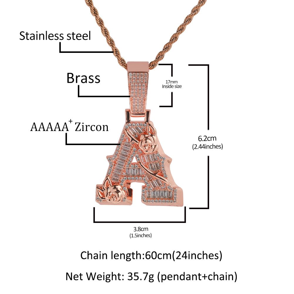 Collana Pendente Vite Rosa, Lettera Iniziale Personalizzata Gioiello | Design rose e viticci in ottone 18K con zirconi. Pendente floreale romantico, gioiello elegante per uomo.