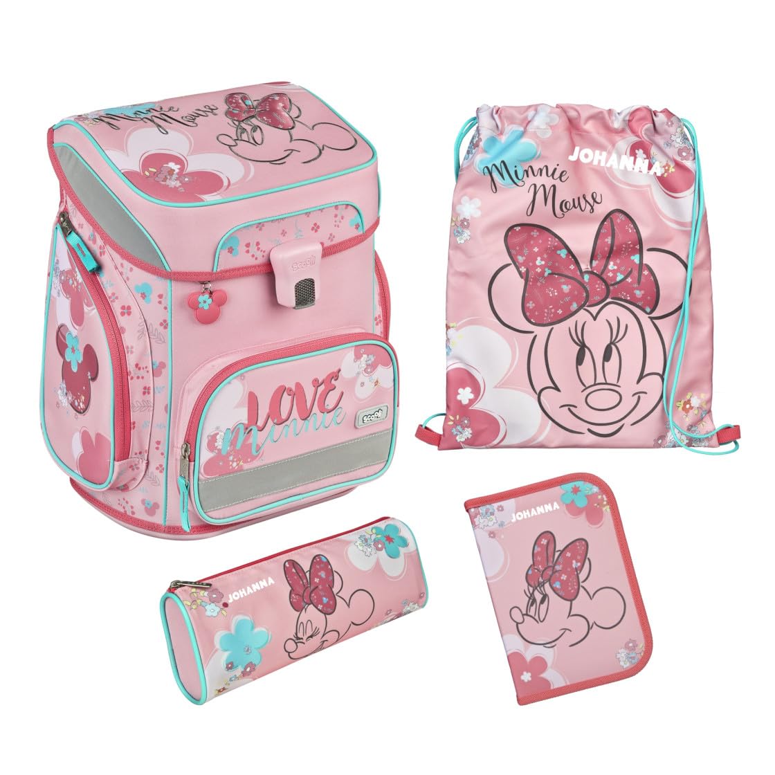 Undercover Schulranzen Set 5-TLG Disney Minnie Mouse Mädchen 1. Klasse - Mit personalisiertem Inhalt - Schultasche mit Turnbeutel Federmappe für Grundschule