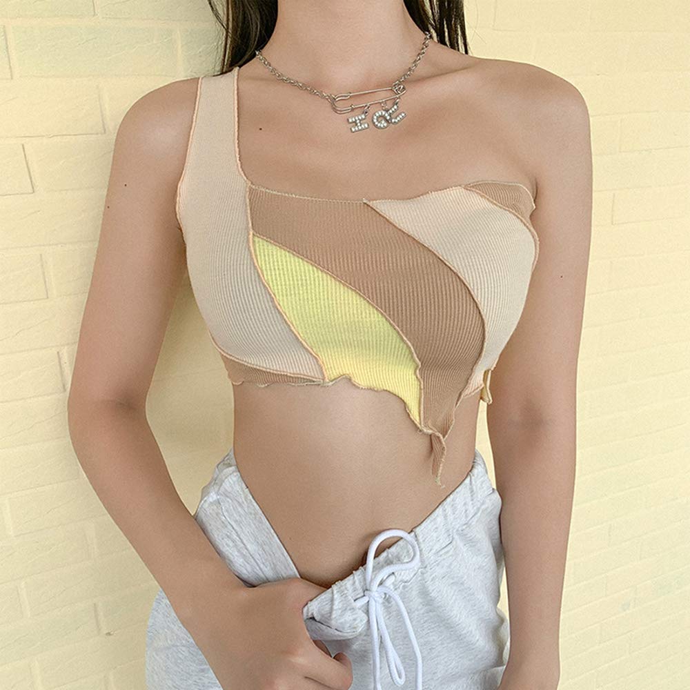 LSJSNOne Shoulder Contrast Club Camisole Summer Street Patchwork Chic Knitting Crop Tops Simple Skinny Woman Tank Top