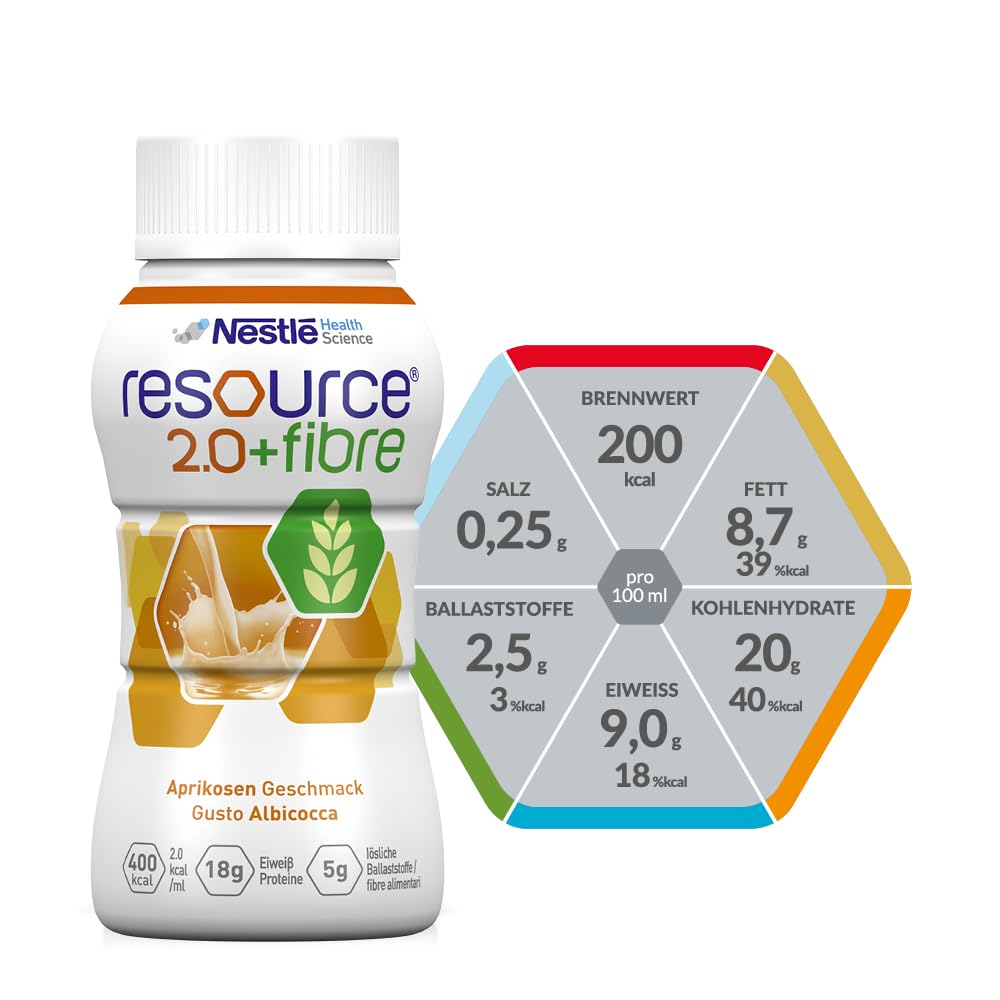 resource® 2.0+fibre Aprikose | 24x200ml | Hochkalorische Trinknahrung bei ungewolltem Gewichtsverlust | Astronautennahrung | Aufbaunahrung | 400 Kalorien + 18g Eiweiß/Flasche | mit Ballaststoffen