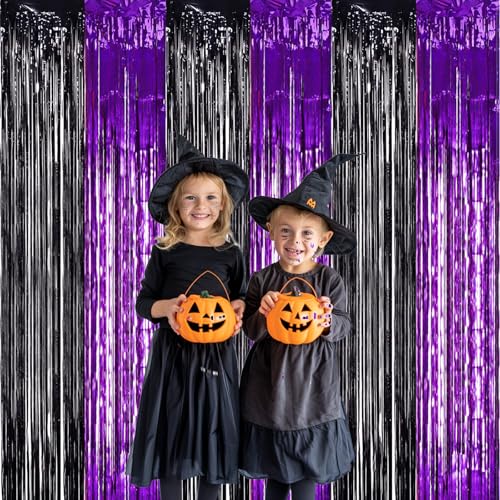Image of TONIFUL 2Pcs Black Purple Door Streamers,Photo Booth Backdrop Metallic Streamers Foil Fringe Curtains for Birthday Christmas New Year Bachelorette Halloween Party Streamers Decor