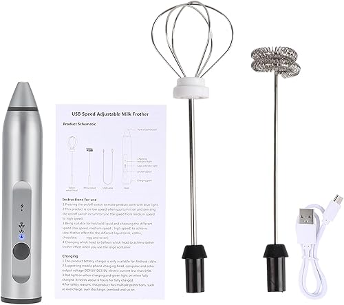 Espumador de leche eléctrico, espumador de capuchino eléctrico recargable, profesional para restaurante y hogar (plata)
