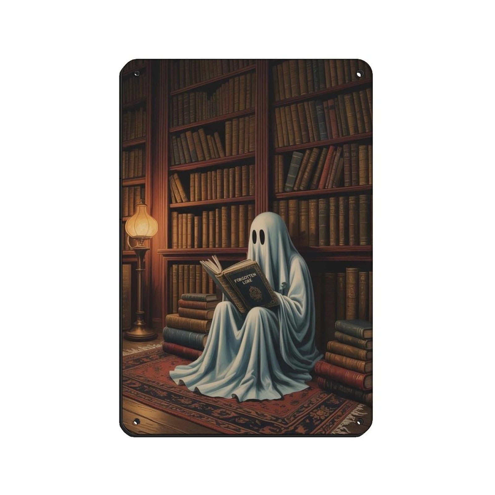 Ghost Reading Book in A Library Poster Retro Poster Metal Tin Sign Chic Art Retro Iron Painting Bar People Cave Cafe Family Garage Poster Wall Decoration 8x12inch(20x30cm)